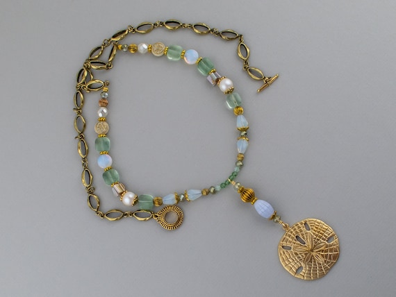 Vintage Brass Sand Dollar Pendant Stone Beaded Necklace, Freshwater Pearl, Beach Wedding, Boho Style Accessory, Anniversary Gift
