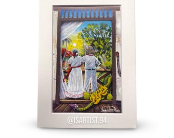 May include: A framed painting depicts a couple in traditional attire gazing out from a balcony at a sunrise. The artwork features vibrant colors, including yellow, green, and blue, with a tropical landscape visible through the open doorway. The artist's signature and the Instagram handle @ISARTIST.94 are visible.