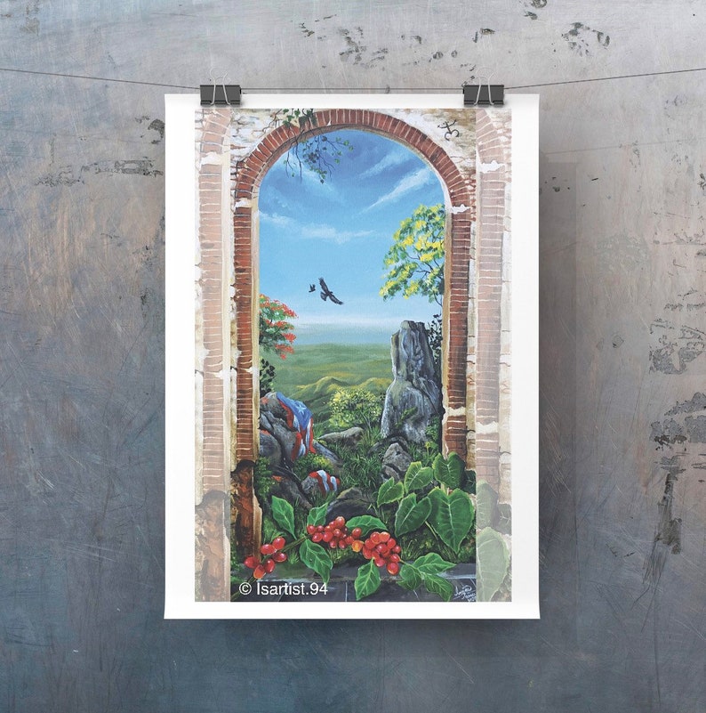 May include: A painting of a stone archway with a view of a lush green landscape. The archway is made of brick and has a weathered look. The landscape is filled with trees and hills. The painting is signed "Isartist.94" in the bottom right corner.