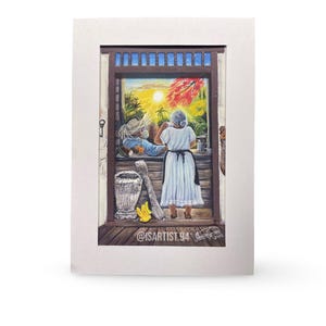 May include: A framed painting depicts a kitchen scene with two figures near a window overlooking a sunset. A mortar and pestle, along with a banana, are in the foreground. The painting includes the text "@ISARTIST.94".