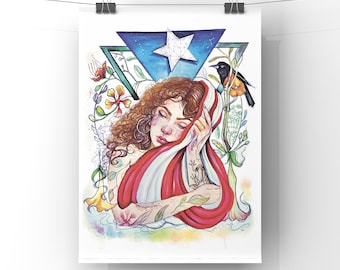 Prints “Añorando mi Tierra” Puerto Rico Art | Boricua Woman art | Puerto Rican Flag | Fine Art Print | Poster | Limited Edition | Isartist