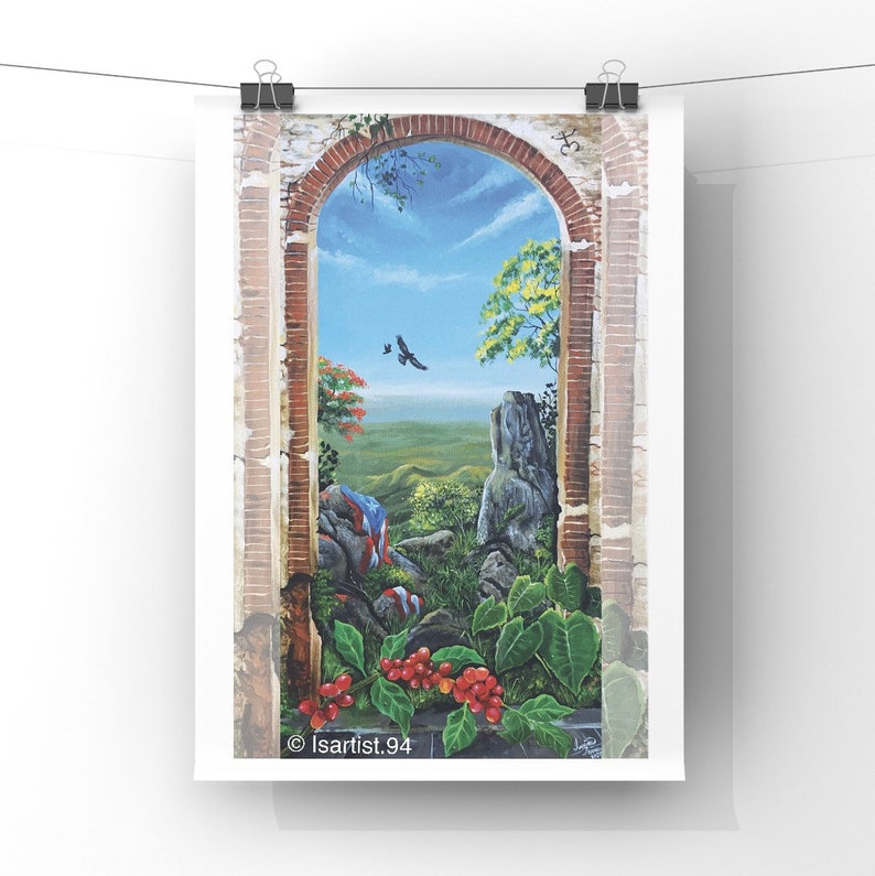 May include: A painting of a stone archway with a view of a lush green landscape and a blue sky. The archway is made of red brick and has a weathered look. The landscape is filled with trees and bushes, and there is a small body of water in the distance. The sky is a bright blue with white clouds. The painting is signed "Isartist.94" in the lower right corner.