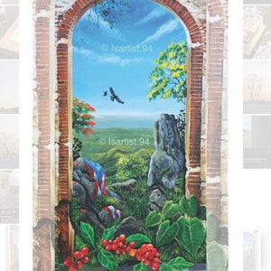 May include: A painting of a brick archway with a view of a landscape. The landscape includes a blue sky, green hills, a rocky outcropping, and a few trees. There are red berries on a bush in the foreground. The painting is signed "Isartist.94" in the bottom right corner.