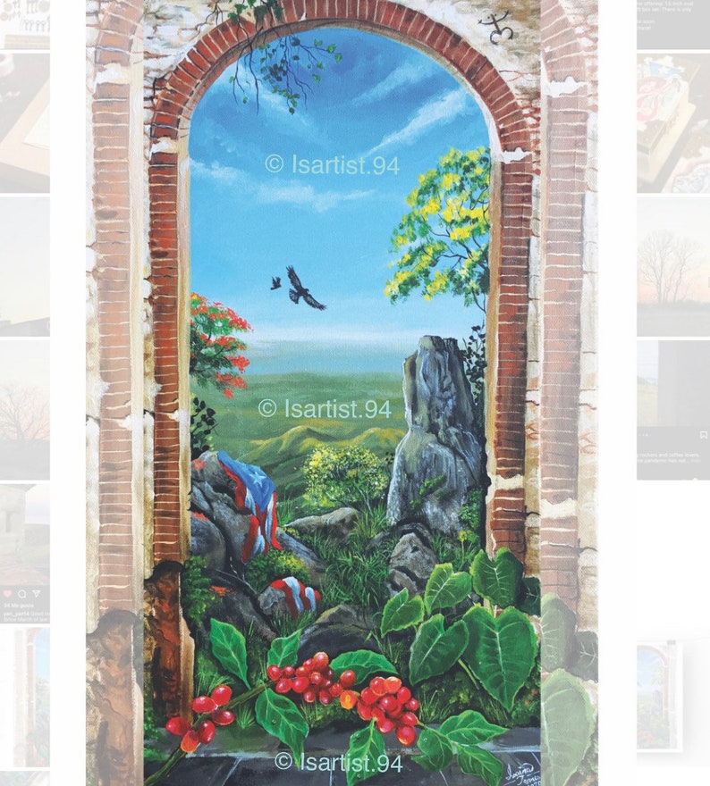 May include: A painting of a brick archway with a view of a landscape. The landscape includes a blue sky, green hills, a rocky outcropping, and a few trees. There are red berries on a bush in the foreground. The painting is signed "Isartist.94" in the bottom right corner.