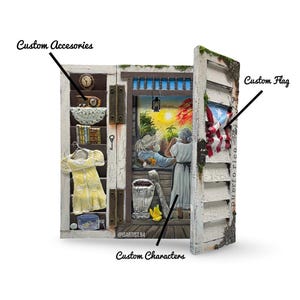 May include: A detailed, handcrafted wooden art piece depicting a rustic scene. It features a miniature yellow dress, a Puerto Rican flag, and custom characters. The artwork includes a shelf with accessories and a painted backdrop of a sunset.