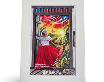 May include: A framed painting depicts a woman in a red skirt and white top, looking out a doorway at a sunset with the Puerto Rican flag. The painting has a white border and includes the text "@ISARTIST.94".