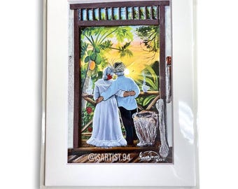 May include: A framed painting depicts a couple embracing on a balcony, overlooking a lush, tropical landscape. The artwork features vibrant colors, with the couple holding mugs. The painting is signed by the artist and includes the text "@ISARTIST.94".