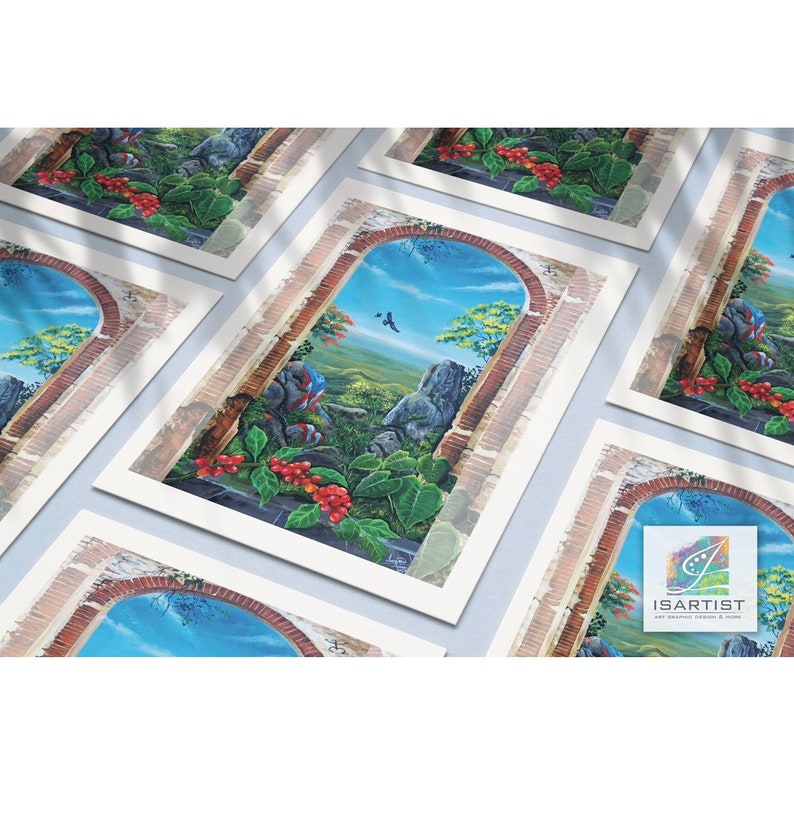 May include: A painting of a stone archway with a view of a lush green landscape. The archway is made of red brick and has a blue sky with white clouds in the background. There are green trees and bushes in the foreground, and a small bird is flying in the sky. The painting is signed "ISARTIST Art Graphic Design & More".