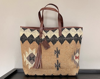 Sac Cabas en jute et cuir "GABOR" - Sultan Kaki - Nouvelle Collection 2024