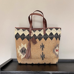 Jute and Leather Carry All Bag &quot;GABOR&quot; - Sultan Kaki