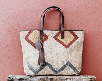 Jute and leather Carry All Bag &quot;GABOR&quot; - Abstract Sand