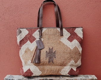 Jute and leather Carry All Bag &quot;GABOR&quot; - Saïka Ocre