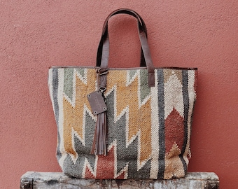 Jute and Leather Carry All Bag &quot;GABOR&quot; - Navajo Safran