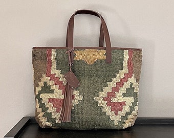 Sac Cabas en jute et cuir "GABOR" - Inca Green - Nouvelle Collection 2024