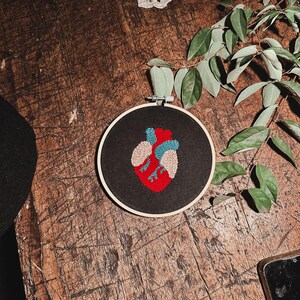 Può includere: Ricamo a tema anatomico raffigurante un cuore rosso con dettagli blu e beige su tessuto nero. L'opera è racchiusa in un telaio di legno, ideale per l'arredamento murale. Il ricamo è appoggiato su una superficie di legno rustico.