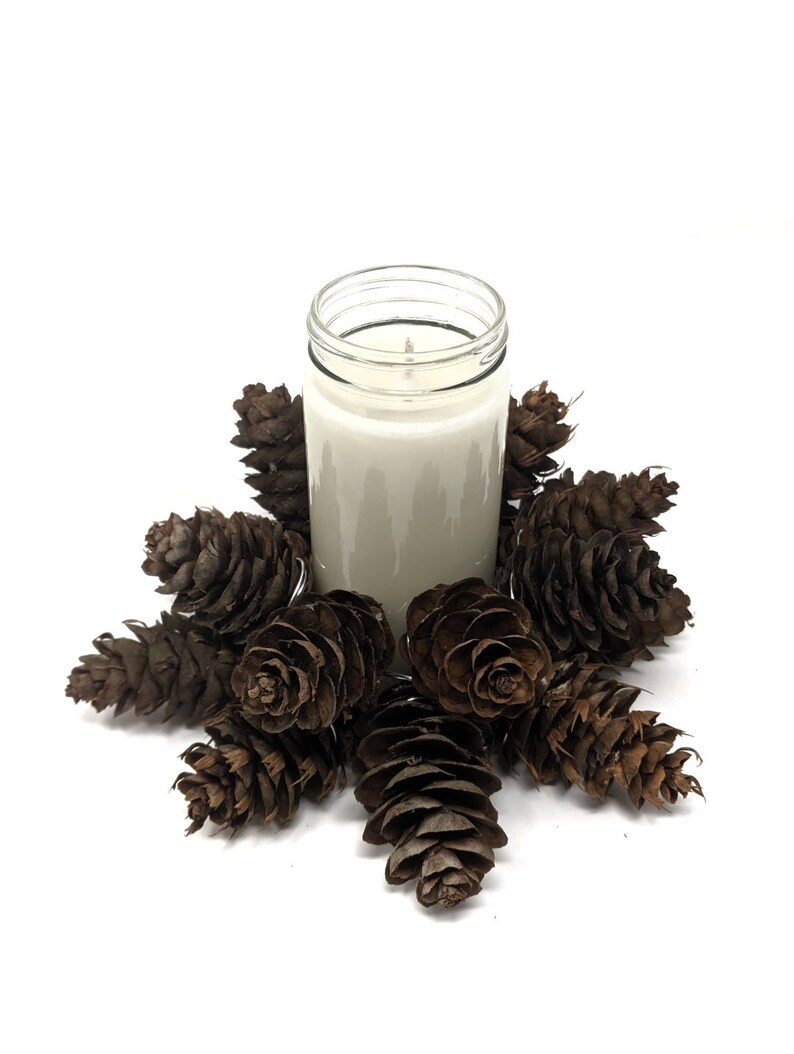 Pine Cone Center Piece Candle Ring with Blue spruce scented soy wax candle handmade real pine cones rustic wedding Made in Oregon
