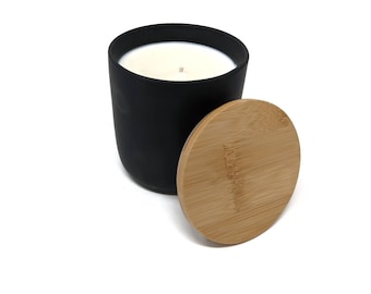 Soy Wax Candle/Black Ceramic Tumbler/ bamboo lid/ refill option/ No visible label/ Plastic-free/zero waste/ Handmade/Phthalate free