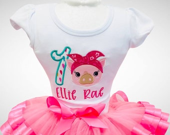 Personalized Farm Animal Tutu Outfit, Pig Tutu Outfit, 1st Birthday Tutu, Ribbon Trimmed Tutu, Pink Tutu Outfit