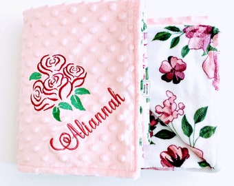 Personalized Baby Blanket, Pink Rose Blanket, Custom Baby Blanket With Name, Girl Baby Shower Gift, New Baby Girl Gift, Minky Blanket,