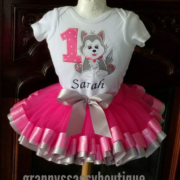 Husky Dog Birthday Tutu Outfit - Pink and silver gray. Embroidered top and ribbon trimmed tutu. Can be customized in any color.