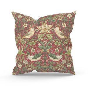 William Morris Strawberry Thief Crimson Cushion, Handmade Floral Pillow Cover