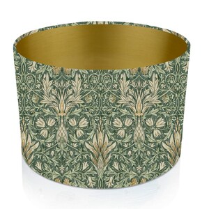William Morris Snakeshead Forest Green Lampshade, Brushed Gold Interior, Handmade Drum Shade
