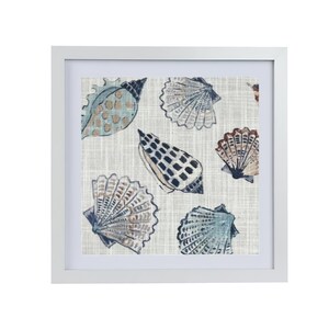 May include: A framed print featuring a white background with a pattern of blue, brown and white seashells on a textured linen fabric.