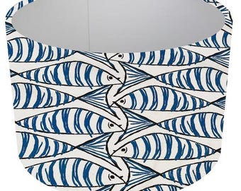 Blue and White Sardine  Fish Drum Lampshade, Nautical Decor