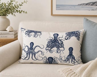 Handmade Octopus  Cushion, Blue Coastal Decor