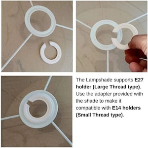 May include: A white lampshade adapter that converts a large E27 light bulb socket to a smaller E14 socket. The adapter is made of plastic and has a white finish. The text on the image reads: "The Lampshade supports E27 holder (Large Thread type). Use the adapter provided with the shade to make it compatible with E14 holders (Small Thread type)."