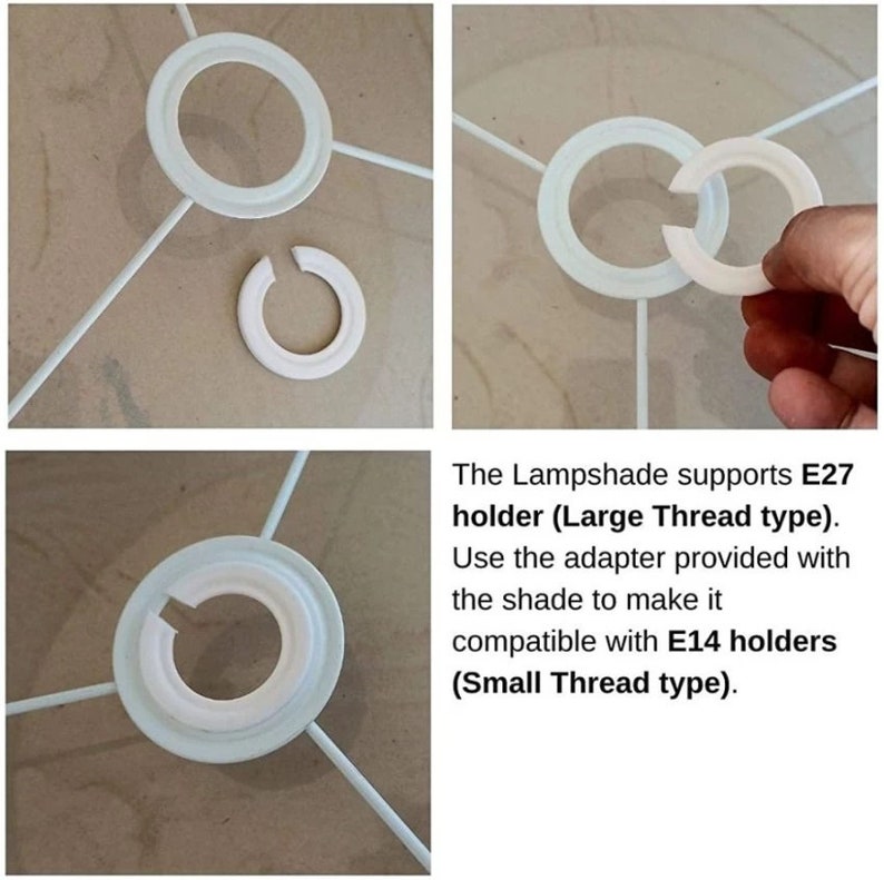 May include: A white lampshade adapter that converts a large E27 light bulb socket to a smaller E14 socket. The adapter is made of plastic and has a white finish. The text on the image reads: "The Lampshade supports E27 holder (Large Thread type). Use the adapter provided with the shade to make it compatible with E14 holders (Small Thread type)."