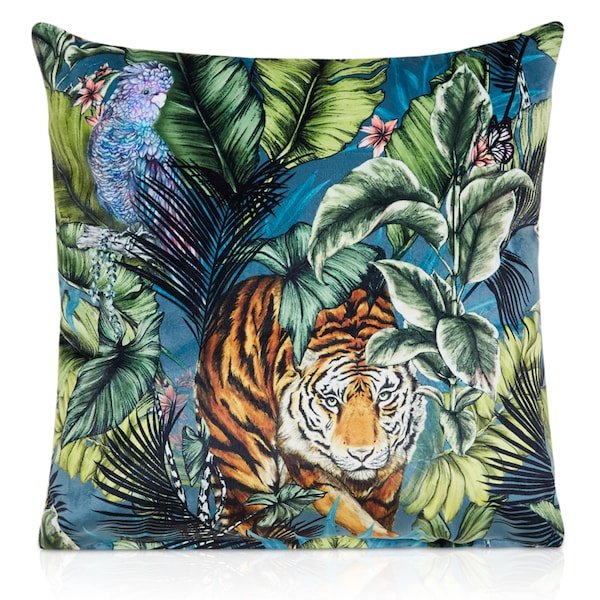 Bengal Tiger Twilight Velvet feel filled cushion Square, Colourful Home Decor, Unique Wildlife Nature Cushion, Furniture Decoration, UK