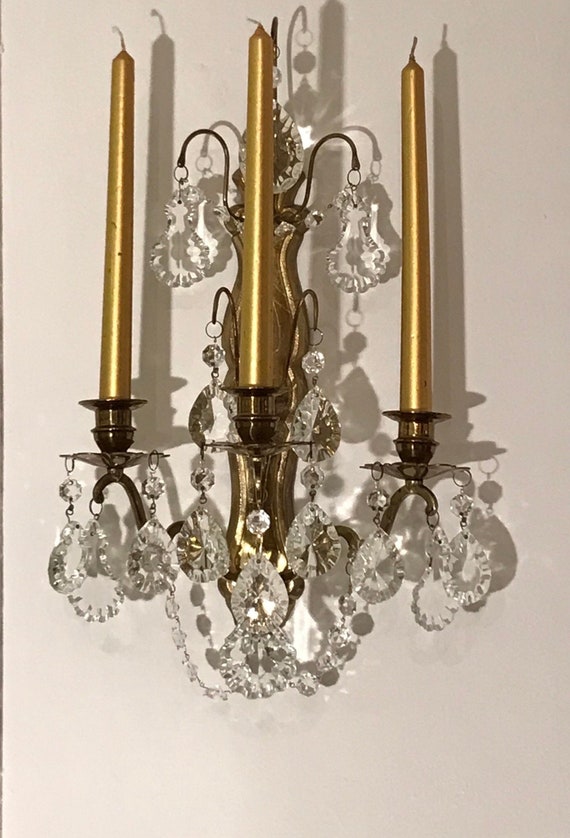 Vintage Crystal Glass Brass Candle Wall Chandelier Sconce - Crystal Chandelier Sconce Vintage Crystal Glass Brass Candle Wall Chandelier Sconce - Crystal Chandelier Sconce