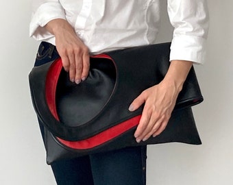 Black and red leather shoulder bag for women Modern purses and bags Soft leather hobo bag Unique tote Genuine leather shopper Armhole bag