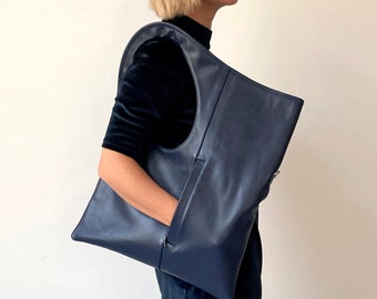 Navy Blue Leather Hobo Bag: Slouchy Armhole Shopper