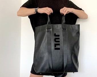 Große schwarze lederne Einkaufstasche Übergroße Geldbörse Echtes Leder-Shopper Monogrammierte Handtasche