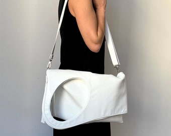 White leather purse Soft leather handbag Foldover crossbody bag Extra large leather hobo bags for women Oversized purse by Olena Molchanova