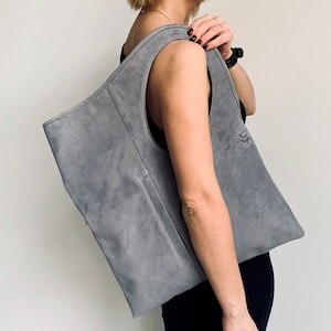 Suede bag for women Grey leather handbag Oversized hobo bag Asymmetrical purse Medium shoulder bag Unique tote bag Unique suede shopper