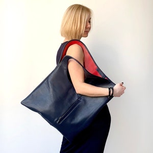 Blue Leather Hobo Bag: Oversized Slouchy Tote, Asymmetrical Shopper