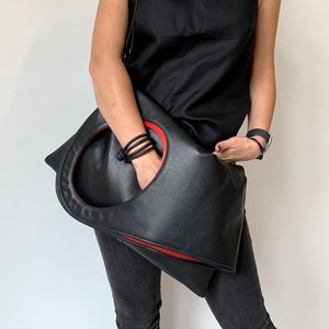 Black leather crossbody purse Oversized shopper Unique handbags for women Genuine leather bag Asymmetrical purse image 1
