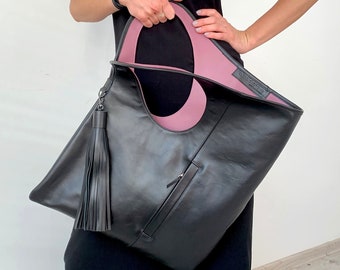 Black leather tote bag Women hobo bags Extra large shoulder bag Genuine leather purse Soft leather shopper Unique handbags