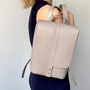 Handmade Leather Backpack Purse: Beige Laptop Rucksack, Monogram Option