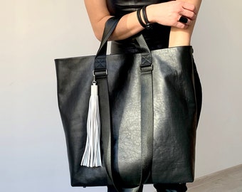 Soft leather handbag Black leather shopper bag Extra large leather tote Oversized weekender bag for women
