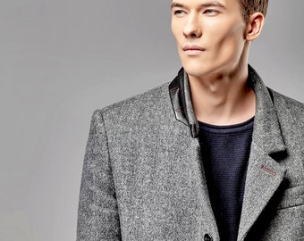 Mens wool coat Men overcoat Grey herringbone coat Custom tweed winter coat