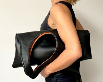 Unique clutch Black leather bag with camel interior Medium clutch purse Genuine leather handbags for women Soft leather hobo bag