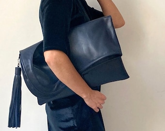 Navy blue leather clutch purse Women foldover hobo bag Made to order shoulder handbag