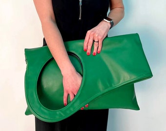 Green leather hobo bag Oversized clutch purse Unique purses and bags for women Genuine leather shopper Handmade handbag Bright bag