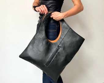 Oversized hobo bag Black leather tote bag Unique handbags for women Asymmetrical bag Slouchy leather purse Armhole bag