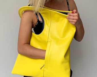 Bolso hobo amarillo: Bolso grande de hombro Bolso de mano de piel auténtica suave Bolso de mano con abertura para la sisa único para mujer