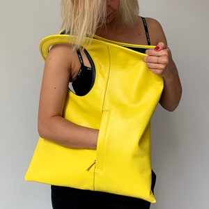 Yellow leather bag Large leather hobo bag Designer handbag for women Soft leather shoulder bag Modern shopper Bright leather purses and bags